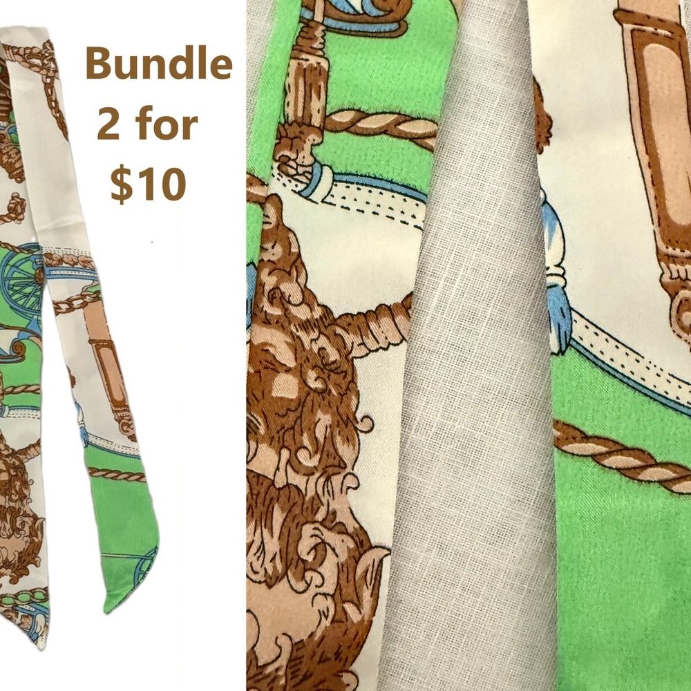 Vintage Equestrian Inspired Silk Scarf Boho Chic Green Multi Style Accessory (9)